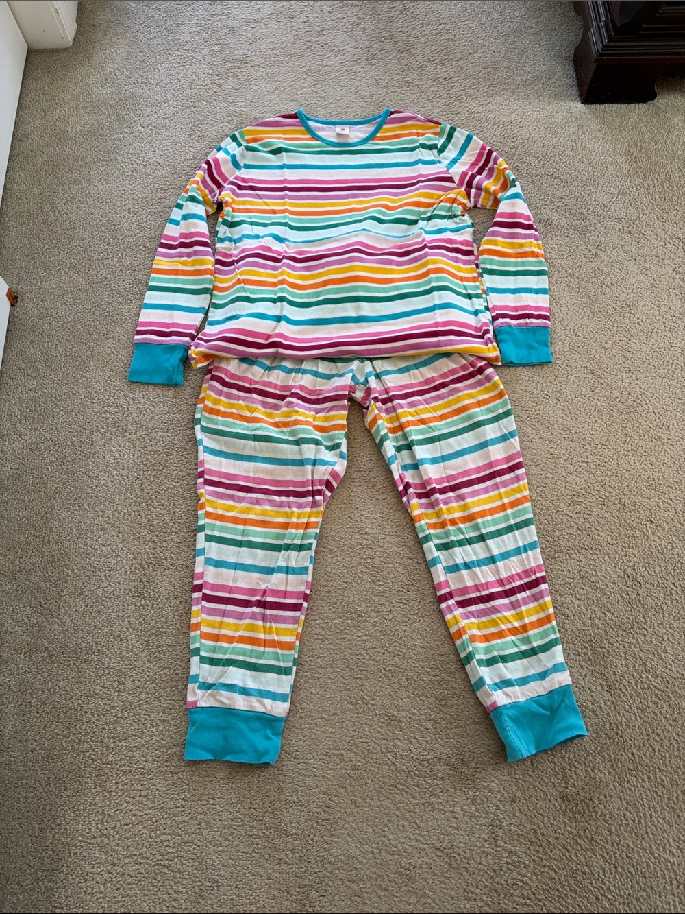 Womens Rainbow Stripe Pajama Set - Teal Trim